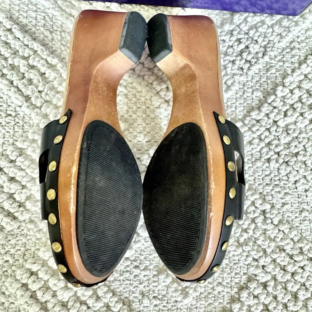 Enzo Angiolini Womens 5.5 Black Sandals Wood Heel Slide On Strap Fashion Y2k 90s